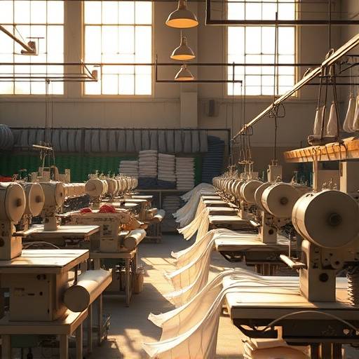 Interior da fábrica de camisas mostrando máquinas de costura e tecidos